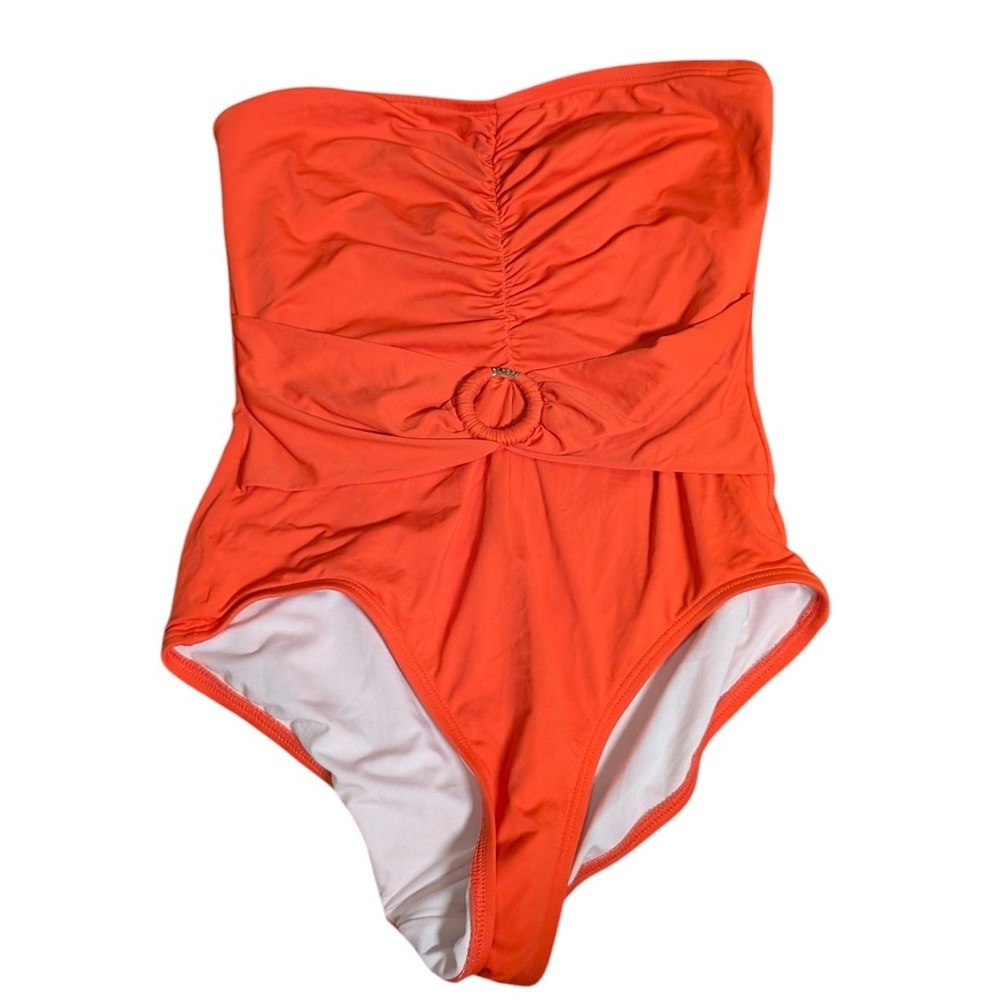 Michael Kors Womens Orange Ruched Bandeau One Piece Swimsuit Size 6 Ring Detail